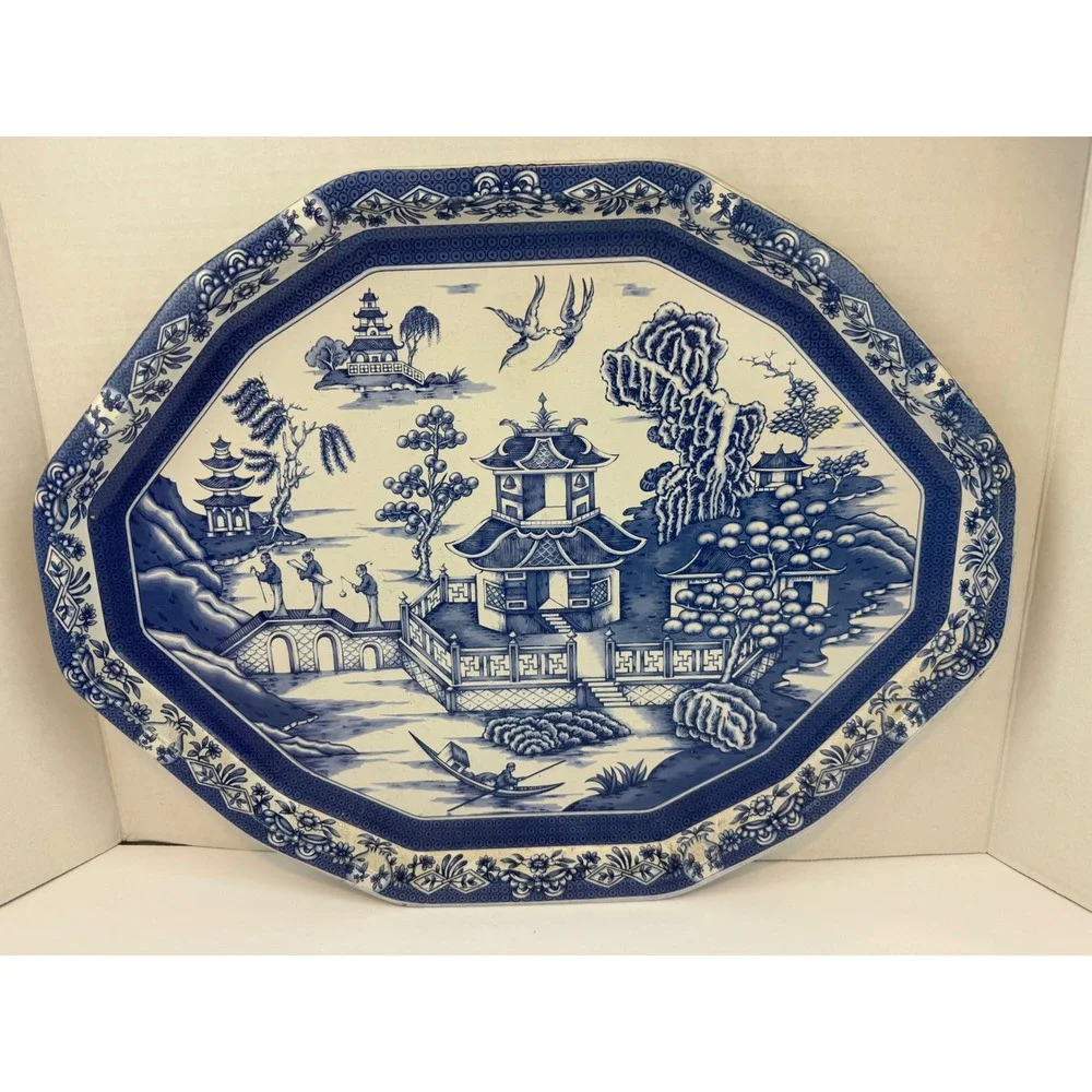 Vintage Daher Long Island NY Blue White Willow Tin Serving Tray Made in England
